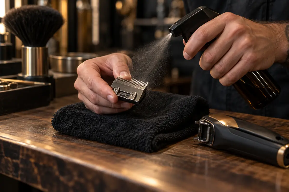 A barber carefully cleaning a modern clipper blade